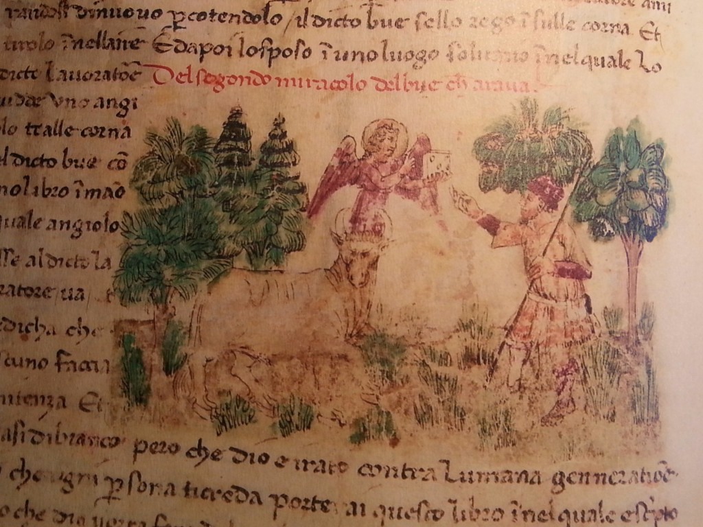 A manuscript in medieval Italian with an image. There is an ox with an angel dressed in red sitting on his head, holding a book. To their right is a man holding a staff reaching up to the book. There are trees in the background and grass on the ground. 