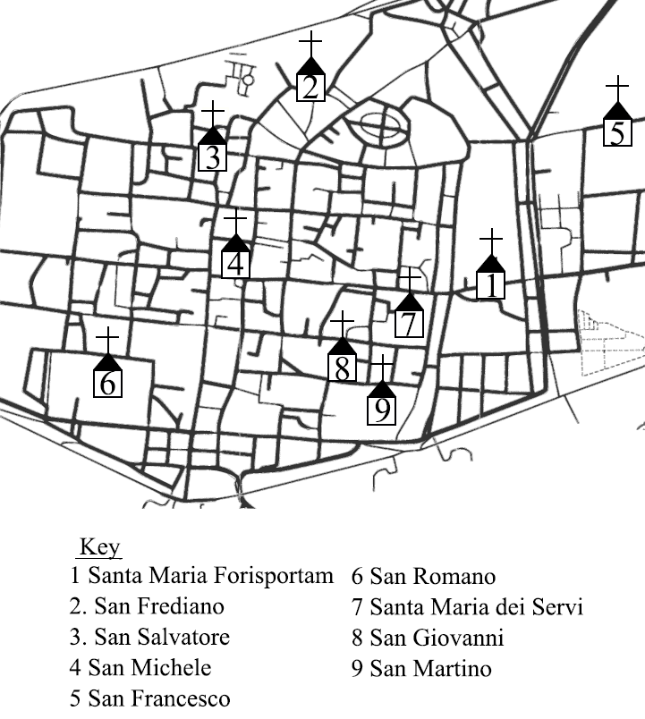 A map of Lucca with churches with numbers to mark the places where the Bianchi went. 